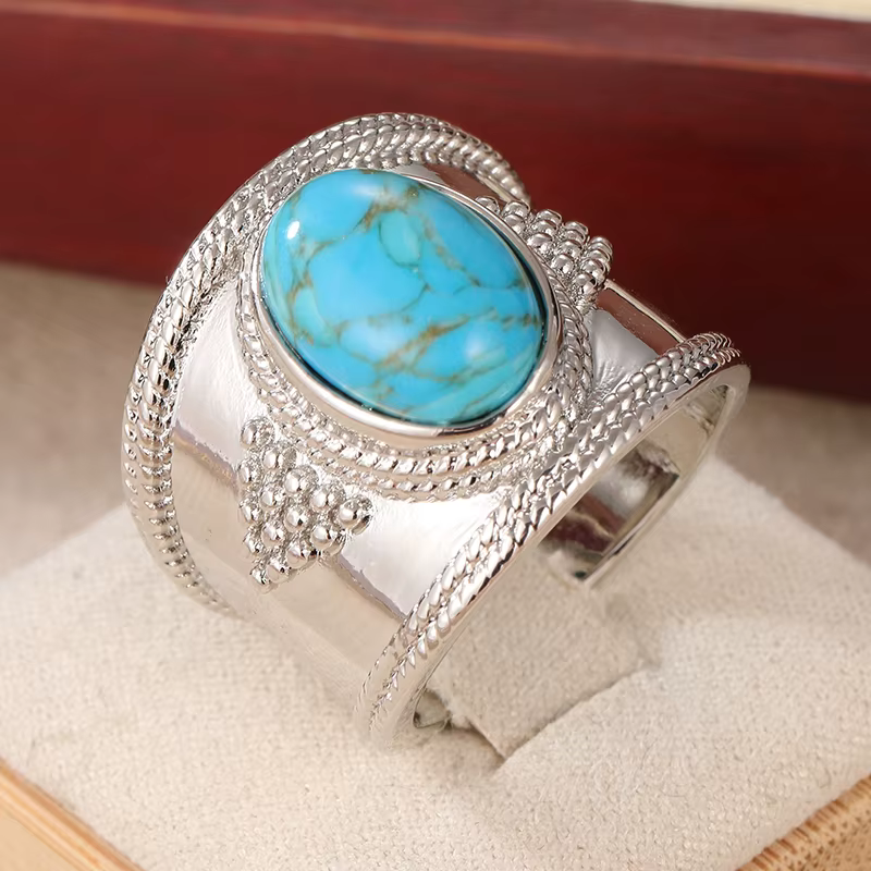 Bague ethnique pour femme en argent avec imitation turquoise incrustée, motif géométrique sculpté, p