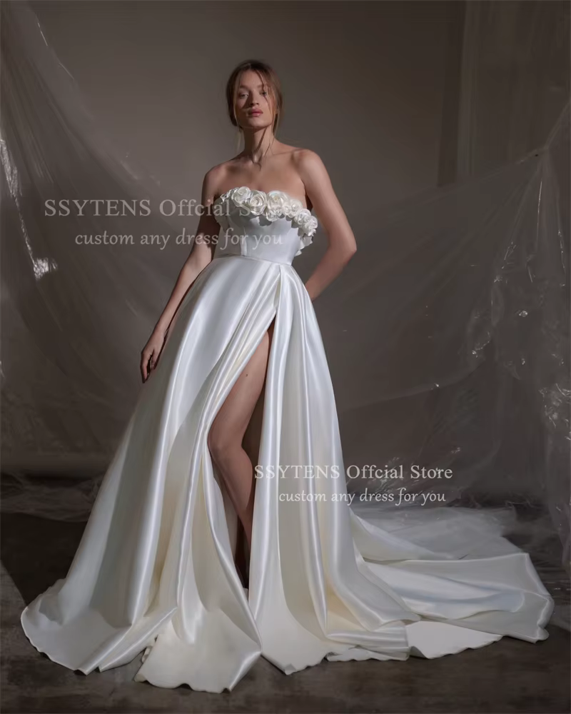 SSYTENS haute qualité robe de mariée italienne fleurs longue une ligne haute fente robe Femininos à 
