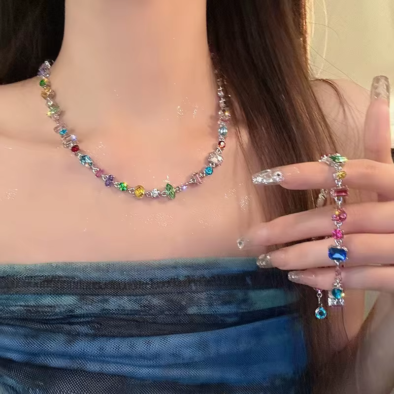 Ensemble de bijoux Boho pour femmes, collier et Bracelet en Zircon coloré bonbon, chaîne d'été délic