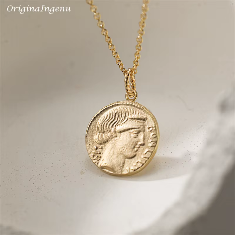 Collier de déesse de la fortune rempli d'or 14 carats, collier de pièce de monnaie romaine grecque f