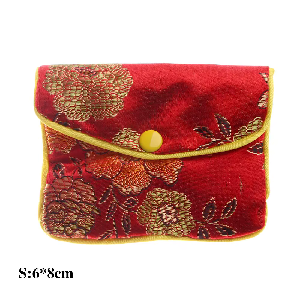 Porte-monnaie brodé en soie, fait main chinois, avec fermeture éclair et bouton-pression, motif flor