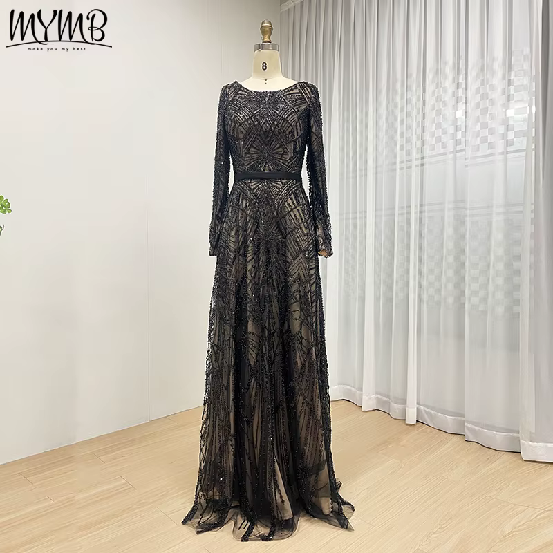 MYMB dubaï robe de soirée de mariage de luxe pour les femmes musulmanes manches longues paillettes f