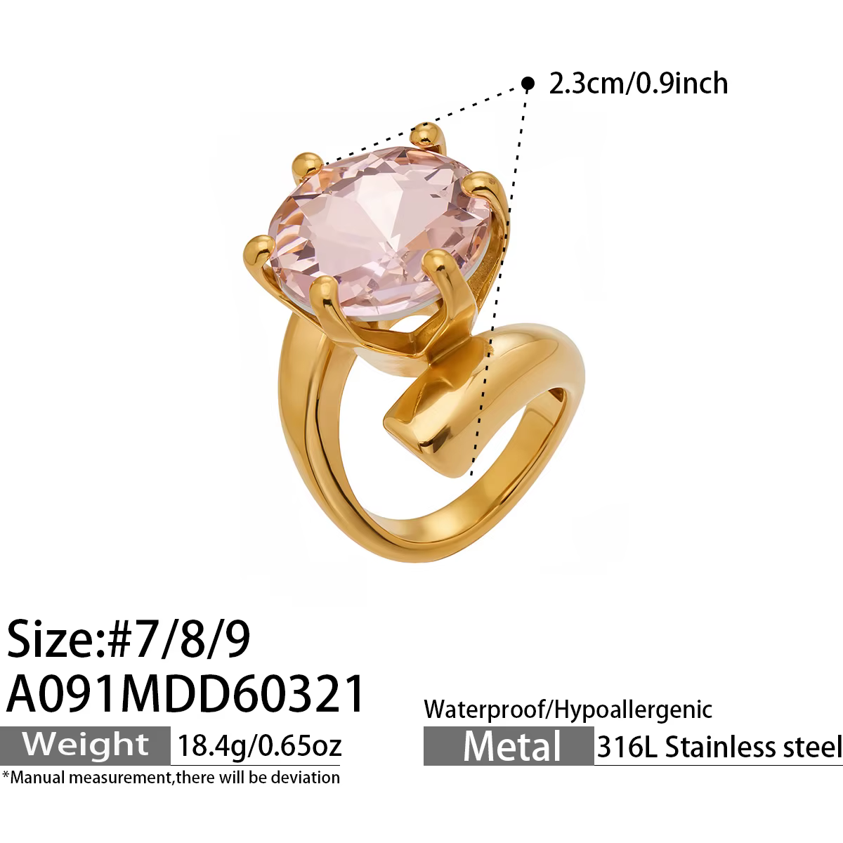Bagues scintillantes en gros zircon pour femmes, en acier inoxydable plaqué or 18 carats, bague spir