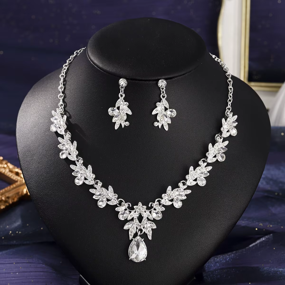 Ensemble collier et boucles d'oreilles de mariée en strass de luxe, pendentif en cristal Baroque exq