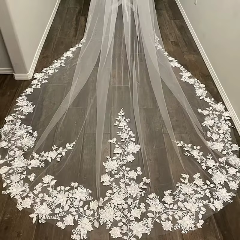 Superbe dentelle avec perles et fleurs 3D, voile de mariage une couche longueur cathédrale pour mari