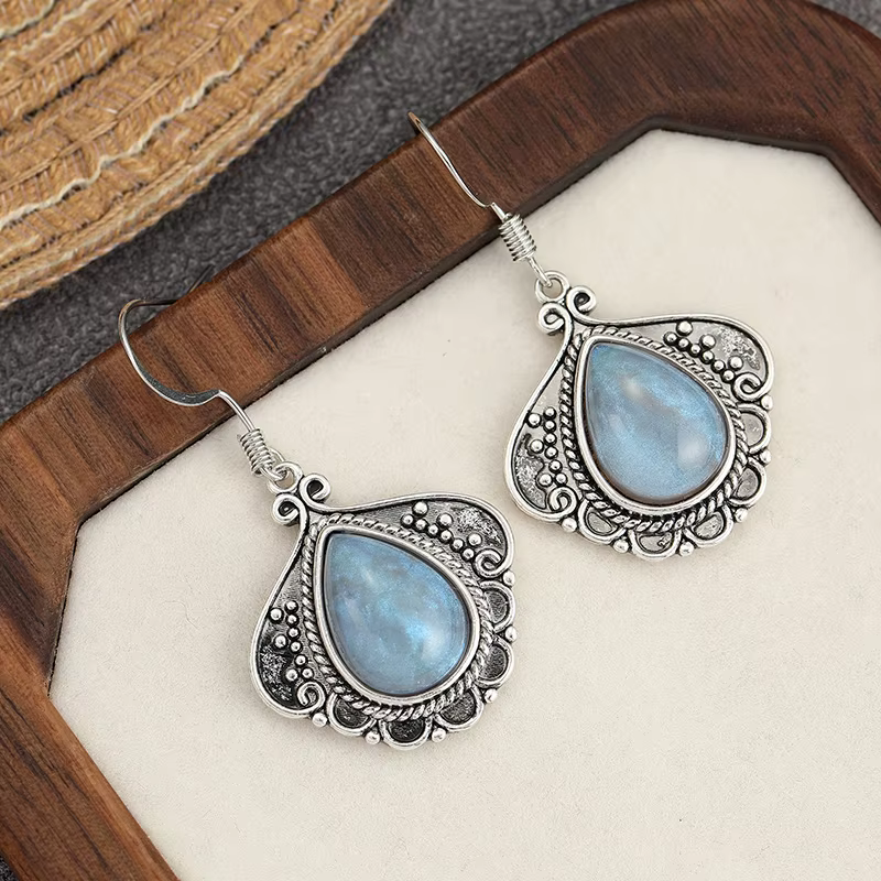 Boucles d'oreilles pendantes élégantes en pierre de lune synthétique plaquée argent, style bohème, p