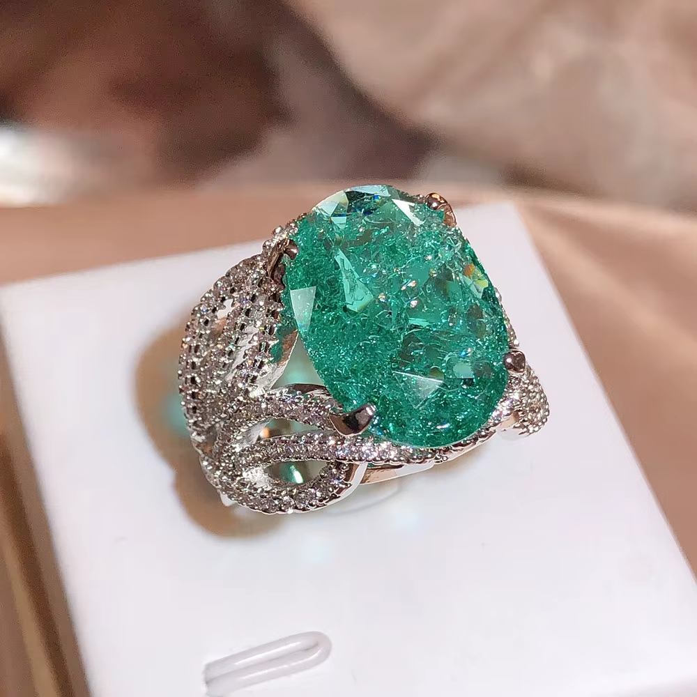 Bague Moissanite plaquée argent 925, à la mode, bleu vert, scintillante, de luxe, pour fête d'annive