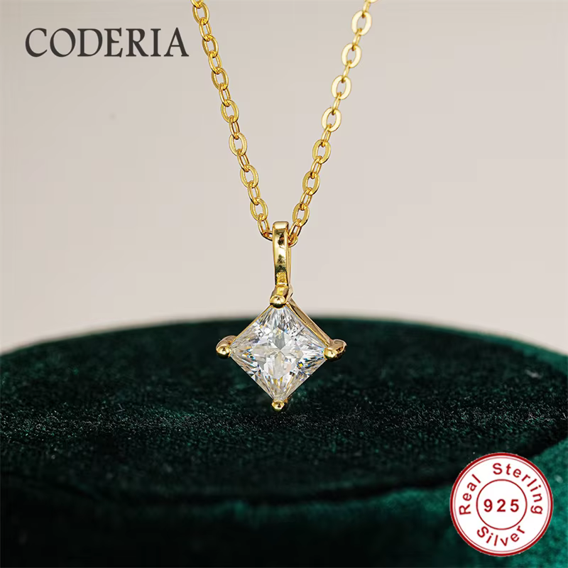 Collier en diamant de laboratoire 1.2CT pour femmes, coupe princesse D VVS1, Moissanite, plaqué or 1
