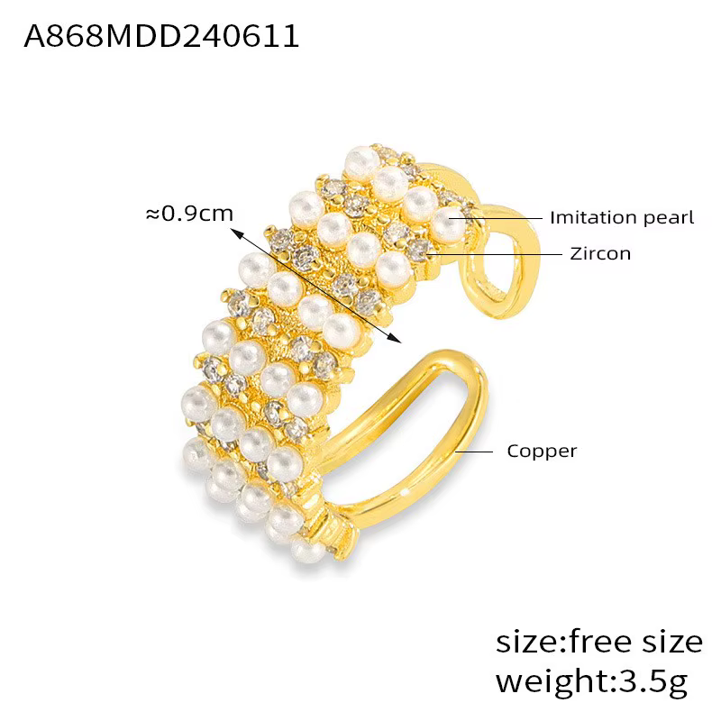 Bague ouverte tendance en fausses perles pour femme, en cuivre creux avec zircon, bijou esthétique é