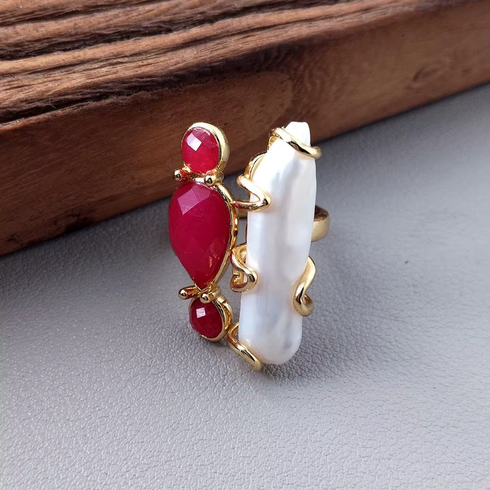 YYGEM 9x26mm eau douce blanc Biwa perle rouge Jade anneaux réglable bohême boucles d'oreilles Boho b