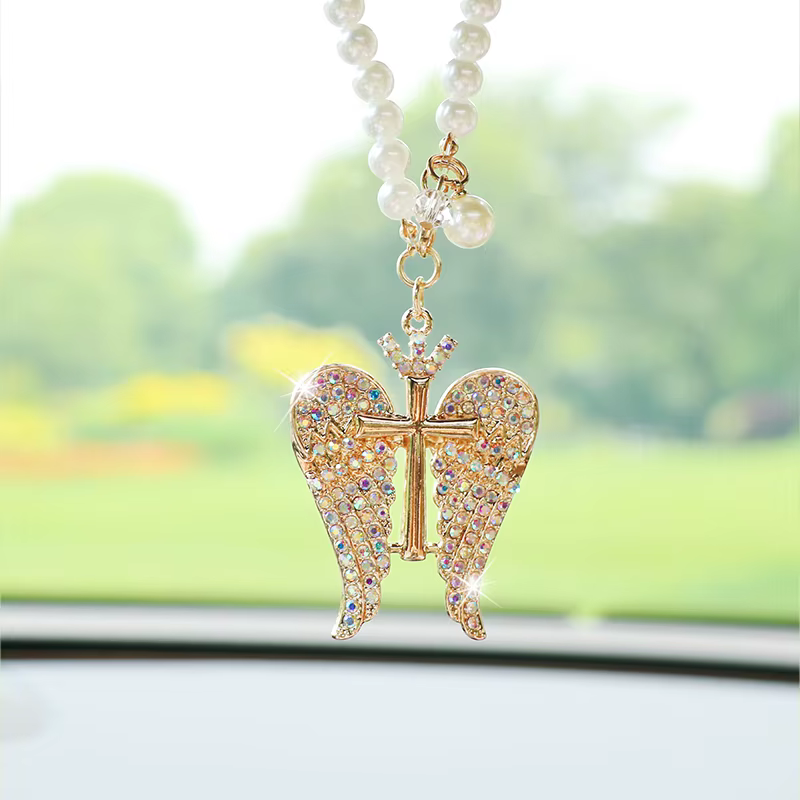 Pendentif de voiture d'ange couronne cloutée de diamants, créatif et mignon, ailes d'ange exquises,