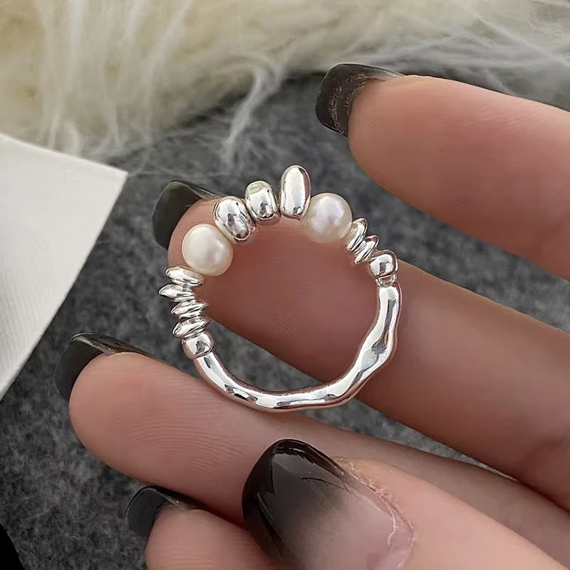 Bagues rondes en perles d'eau douce couleur argent pour femmes, bijoux tendance ajustables, accessoi