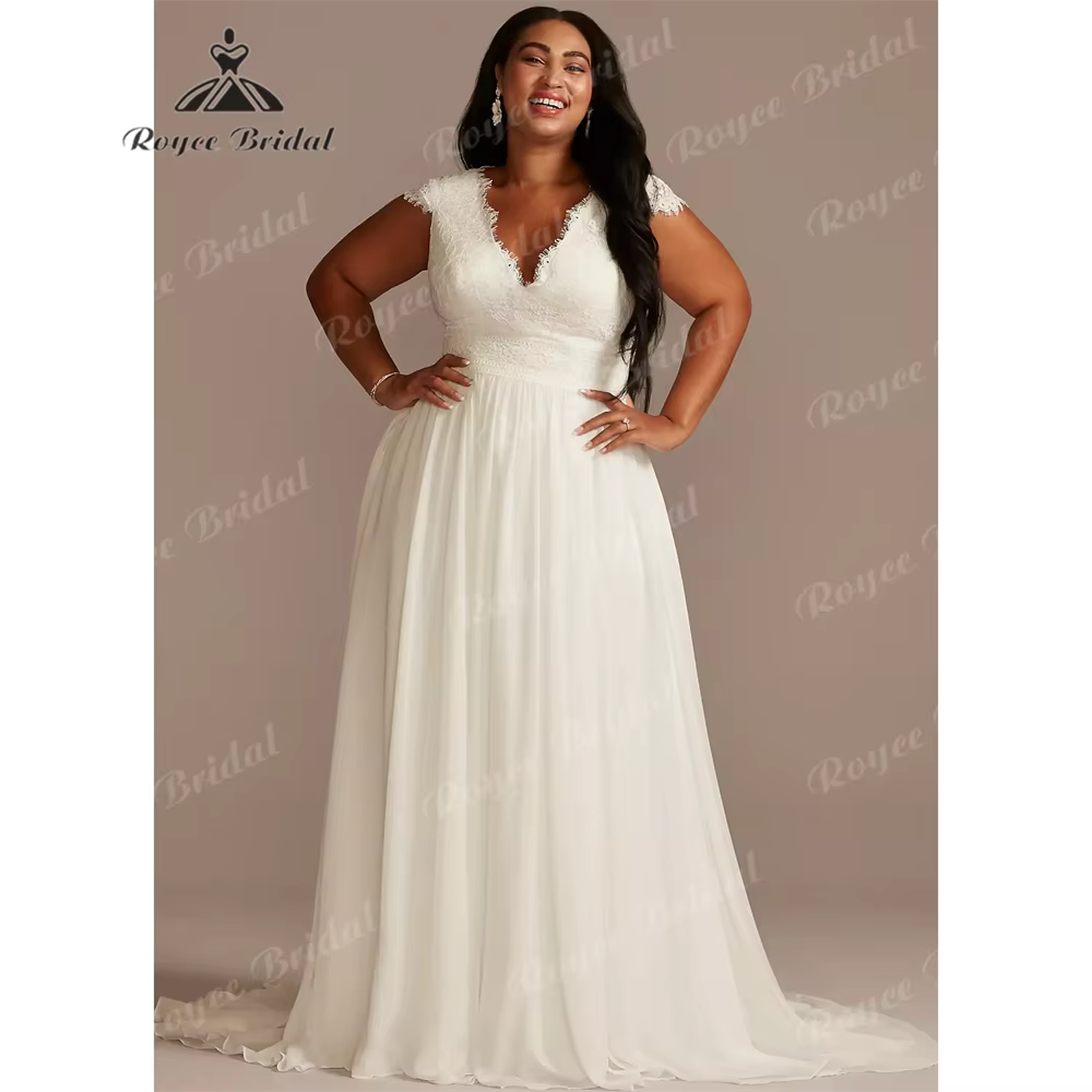 RoyceBridal col en V une ligne robe de mariée 2025 en mousseline de soie Court Train robe de mariée 