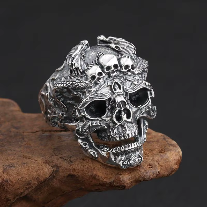 Bague ajustable tendance en argent thaïlandais vintage avec crâne audacieux pour homme