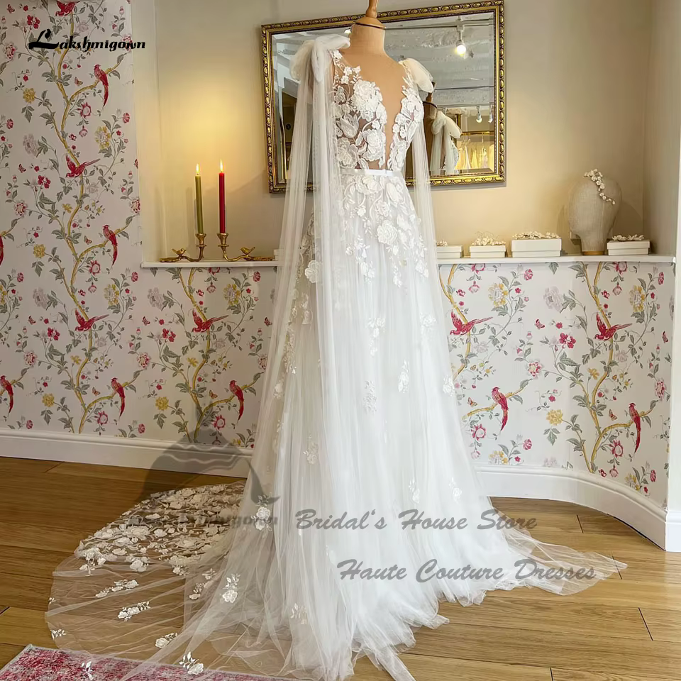 Robe Mariage civile bohème Robe de mariée dentelle florale Sexy mariée blanc cassé Tulle longue plag