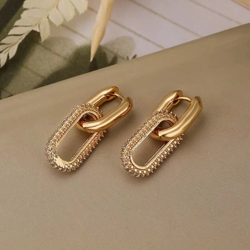 Boucles d'oreilles géométriques en strass brillant pour femmes, mode luxe léger, doubles anneaux ell