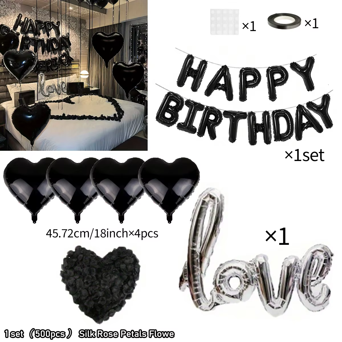 Ensemble de ballons en aluminium noir avec ballons d'amour argentés et pétales de rose noire adaptés