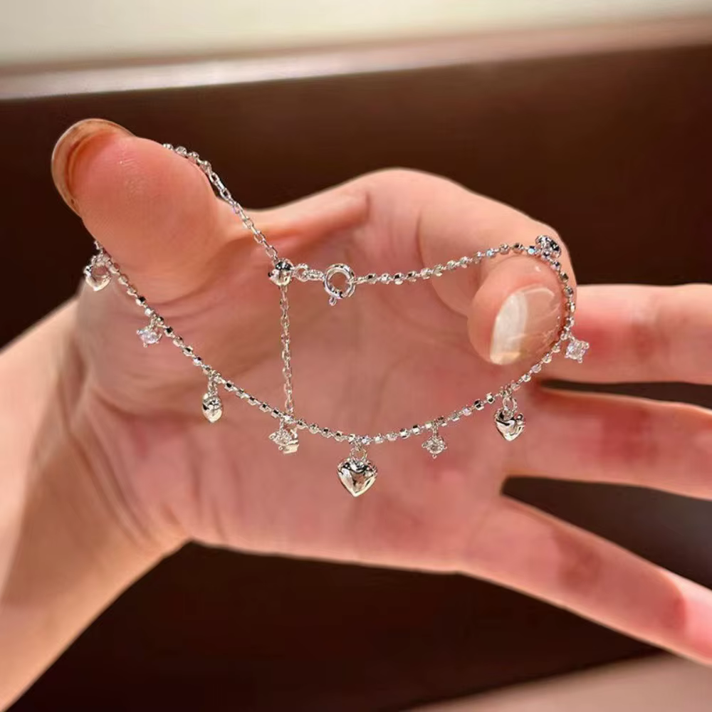 Glod – Bracelet pendentif cœur en argent, minimaliste, pompon scintillant, réglable, en Zircon, bijo