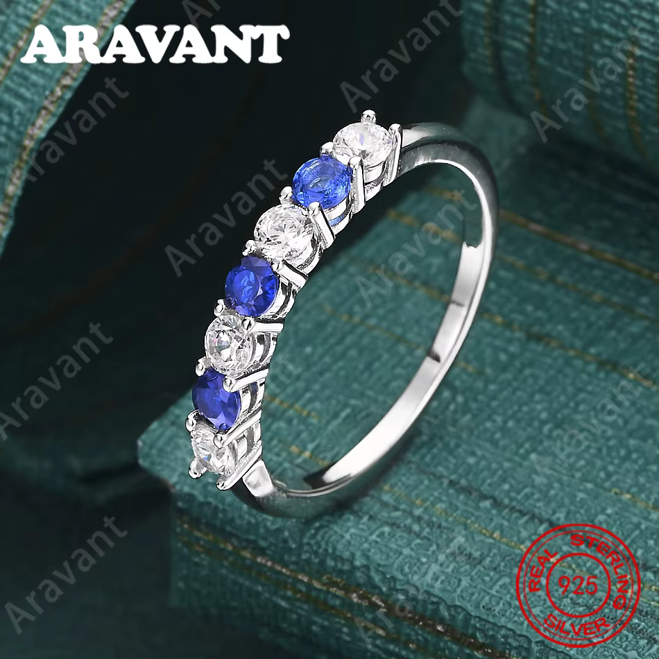 Bague en argent sterling 925 avec diamants et zircons bleus et blancs pour femme - Accessoire de vil