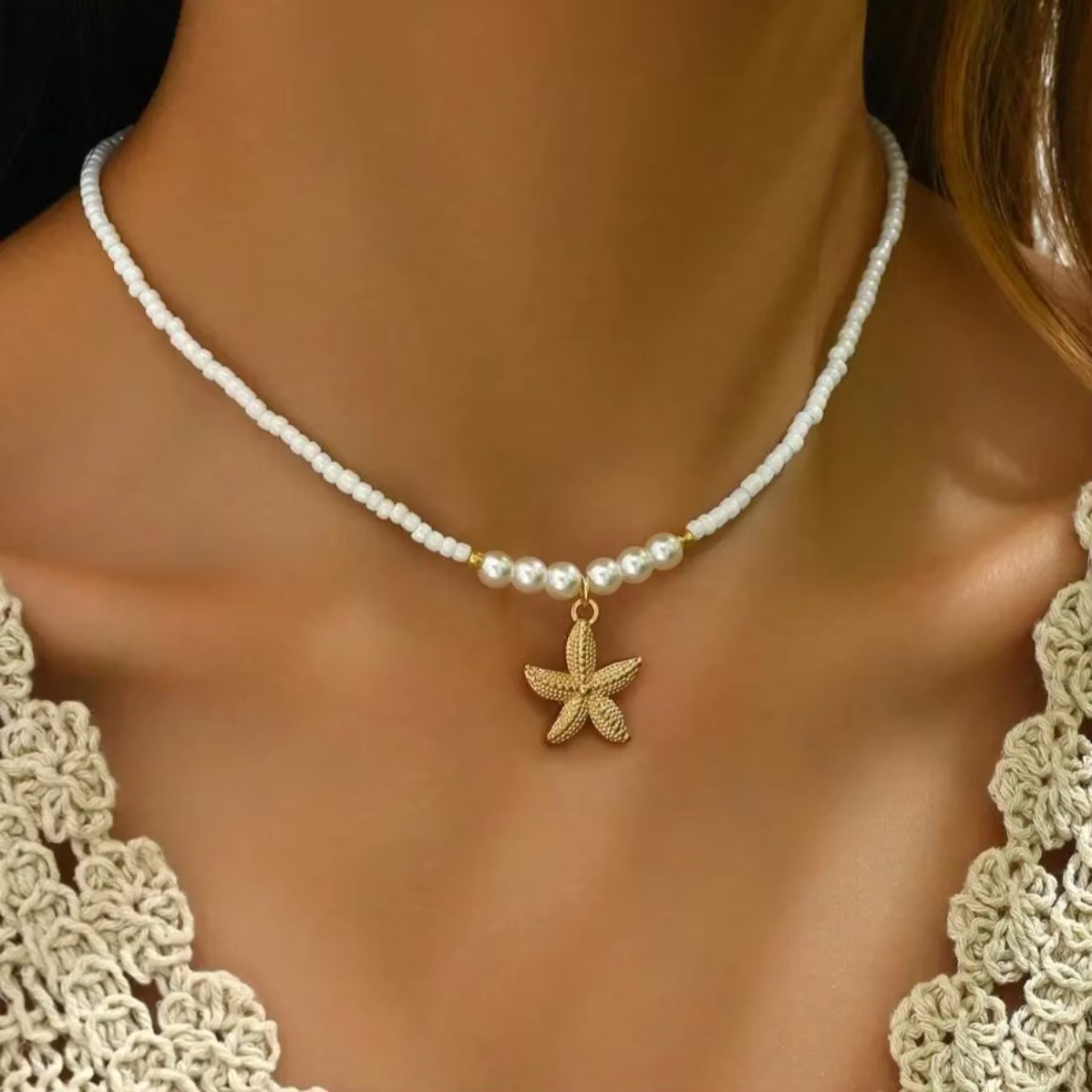 Collier bohème en perles d'étoile de mer pour femmes et filles, collier créatif en cristal fait à la