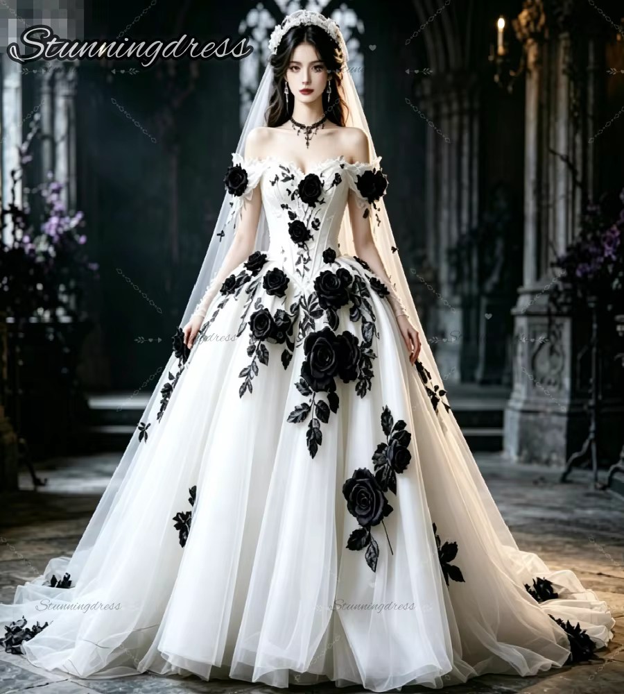 Robe de mariée blanche gothique avec fleurs 3D noires en forme de rose, corset épaules dénudées, rob