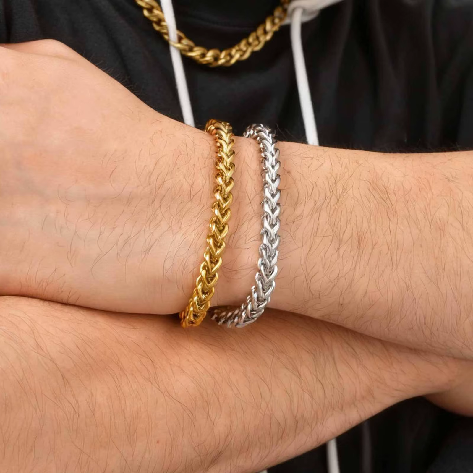 Bracelet chaîne queue de foxtail de Bali pour hommes, Bracelets de chaîne à maillons Franco simples 