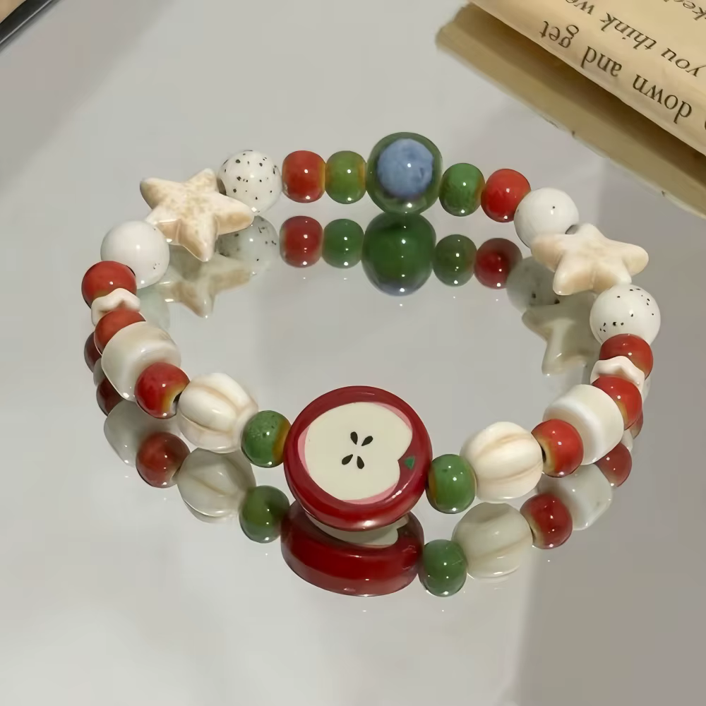 Bracelet de perles en céramique imitation pomme rétro pour femmes, couleur mignonne, étoile mixte, D