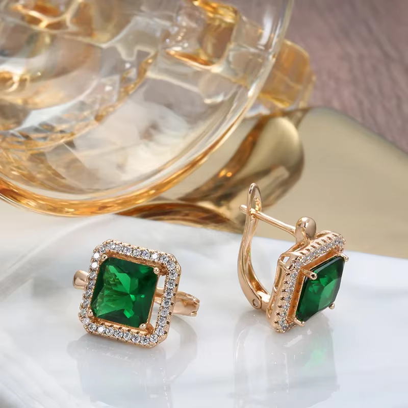 Boucles d'oreilles Vintage en or rose 18 carats avec diamant émeraude pour femmes, bijoux authentiqu
