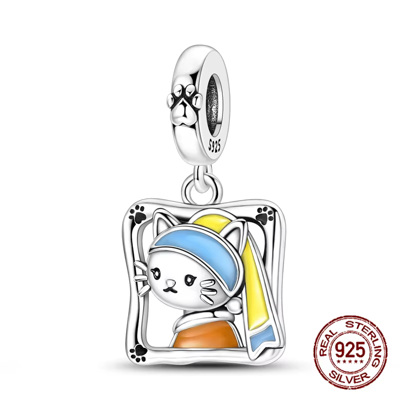 Breloque en argent sterling 925, chat avec boucle d'oreille en perle, talisman, ornement, pendentif,