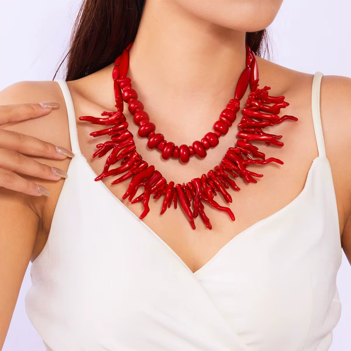 Collier en corail rouge exagéré avec perles de pierre concassée pour femmes et hommes, collier ras d