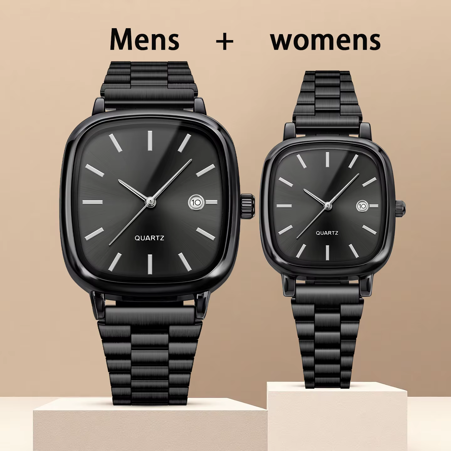Montres de couple pour hommes et femmes; montres à quartz avec bracelets et calendrier en acier inox