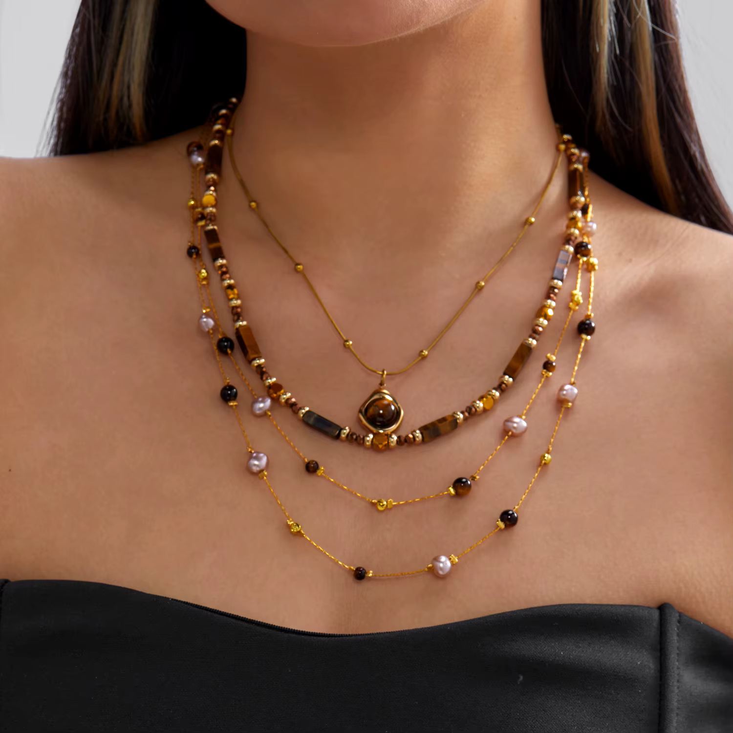 Ensemble de colliers superposés en imitation perle œil de tigre Maillard pour femmes, 3 pièces, chaî