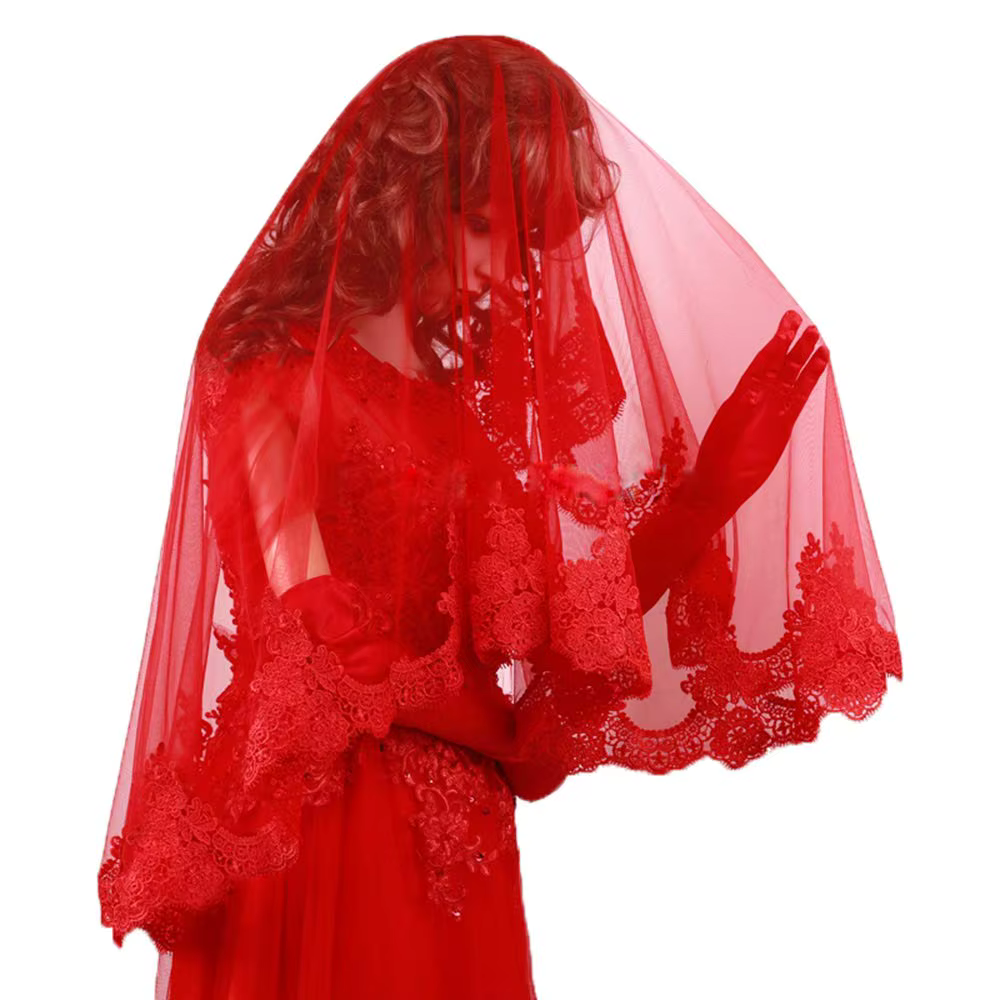 Voile de mariée magnifique rouge avec bordure en dentelle, longueur taille