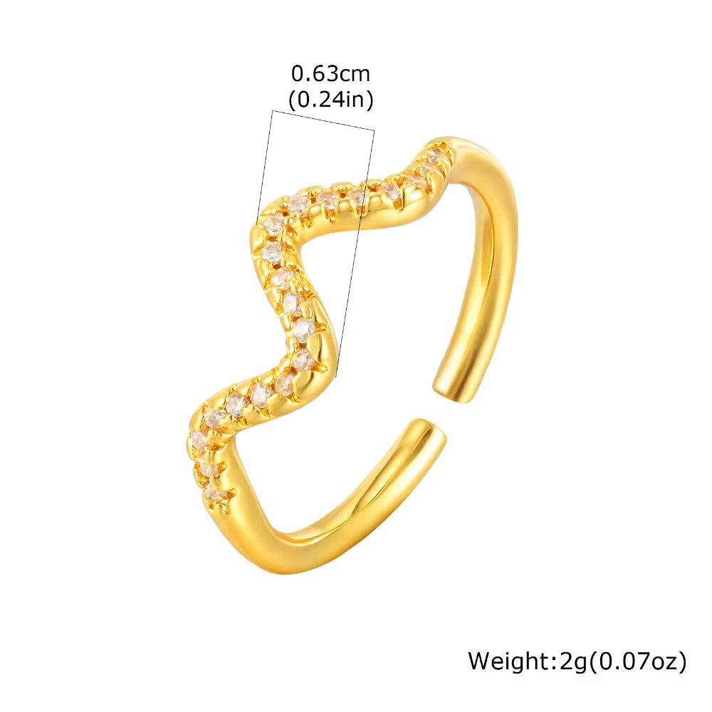Kolmnsta brillant zircone vague en forme d'anneau ouvert pour les femmes plaqué or anneaux de mariag