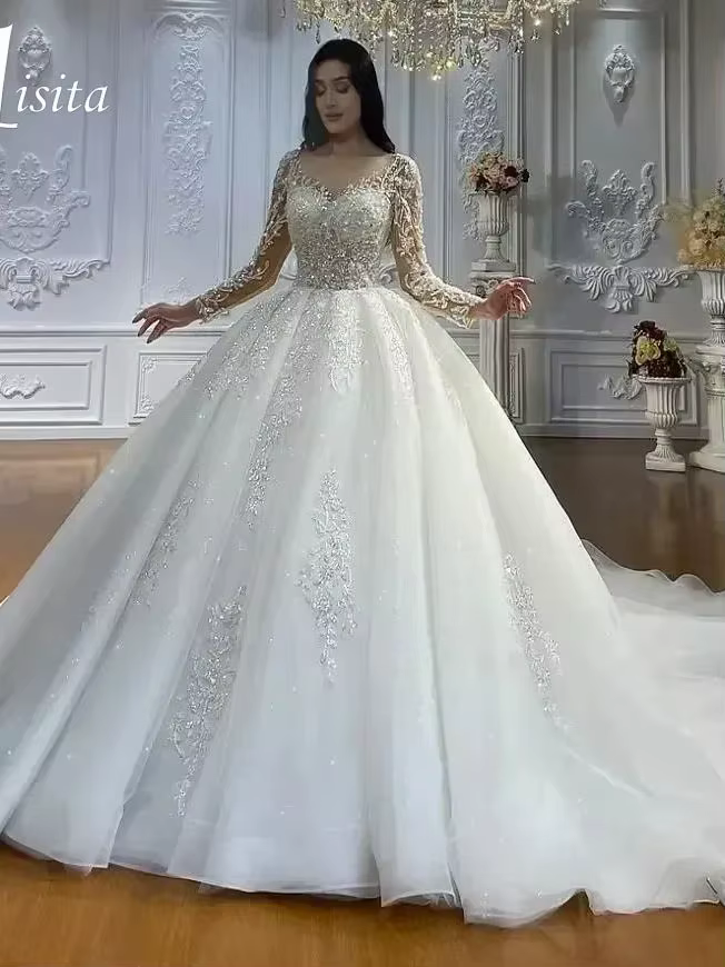 Robe de mariée de luxe 2025, col haut, manches longues, appliques en dentelle, paillettes, robes de