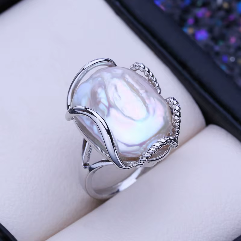 FENASY-Bagues de Cocktail en Perles Baroques Naturelles pour Femme, Bijoux d'Eau Douce en Argent et 