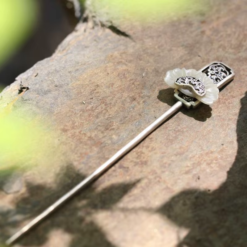 Bijoux de cheveux en jade blanc naturel incrusté d'argent 925, Hetian, style ethnique vintage classi