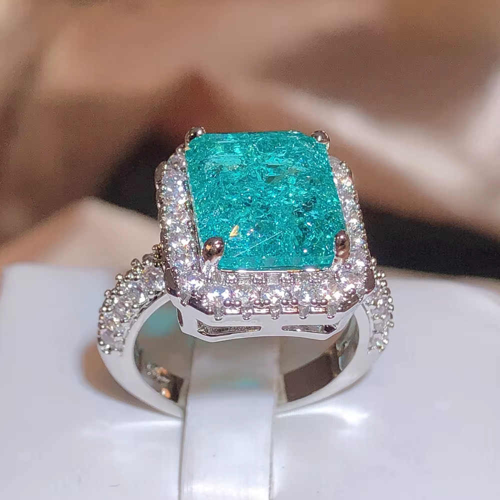 Bague émeraude rectangulaire pour femme, accessoires de bijoux exquis, bleu lac, bijoux de fiançaill