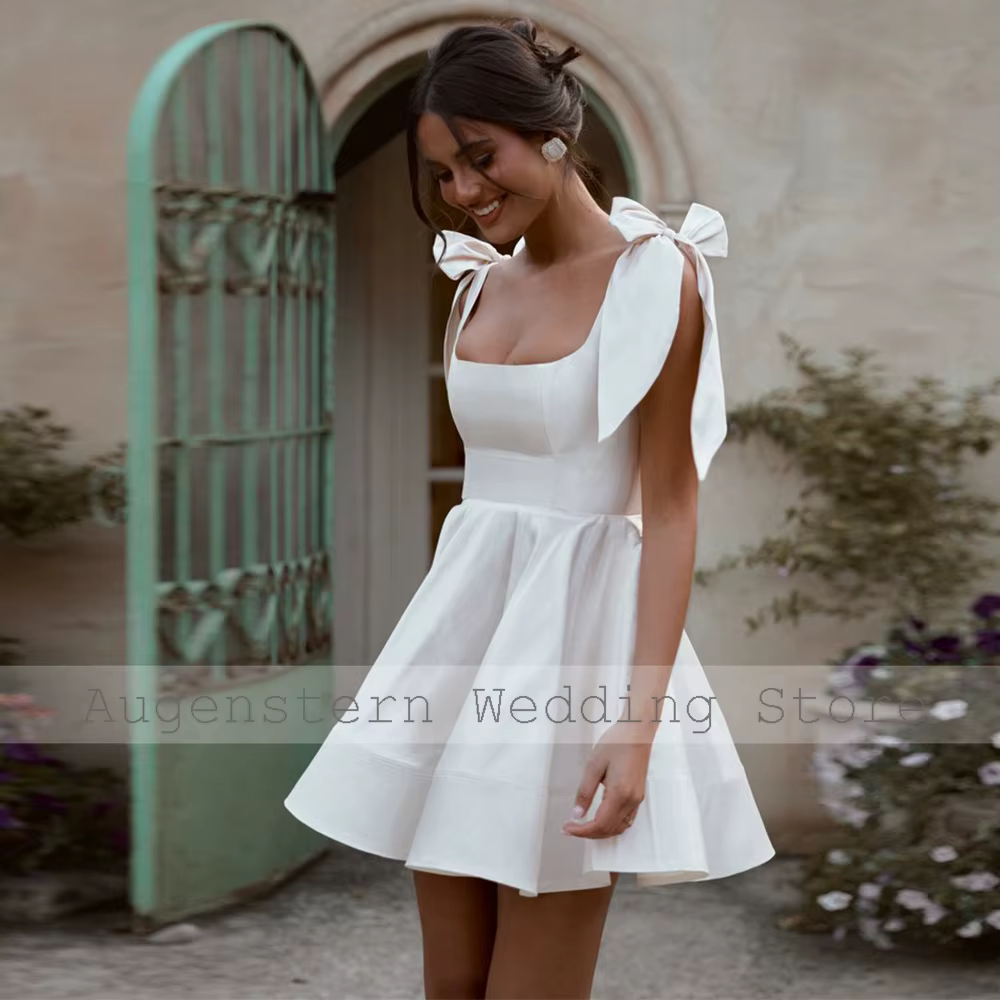 Robe de mariée de jardin féerique de rêve, satin blanc, froncée, nœud, fête de mariage, robe trapèze