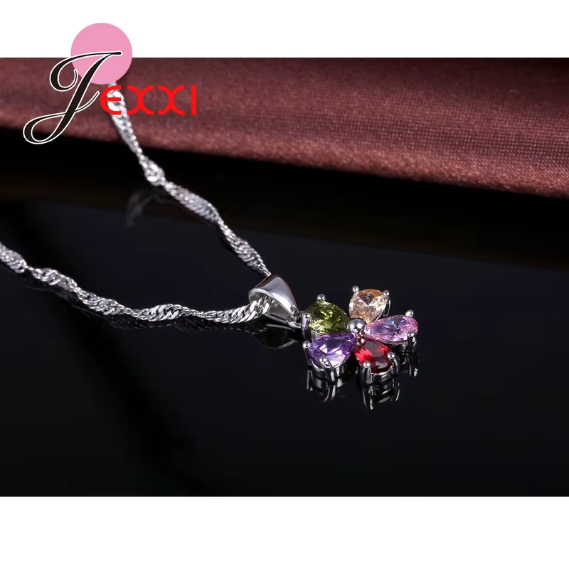Ensemble de bijoux en argent regardé 925 avec pendentif pétale, collier, boucles d'oreilles, cubique