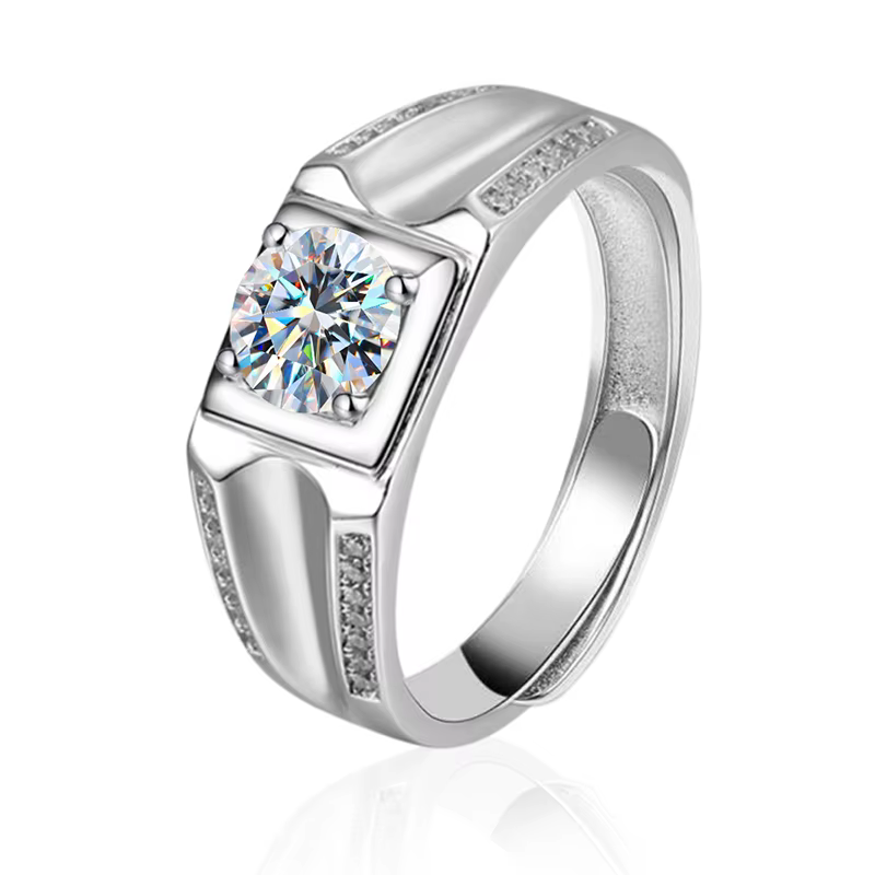 Bagues de mariage solitaires en moissanite brillante 1 carat pour hommes, en argent sterling 925 ori