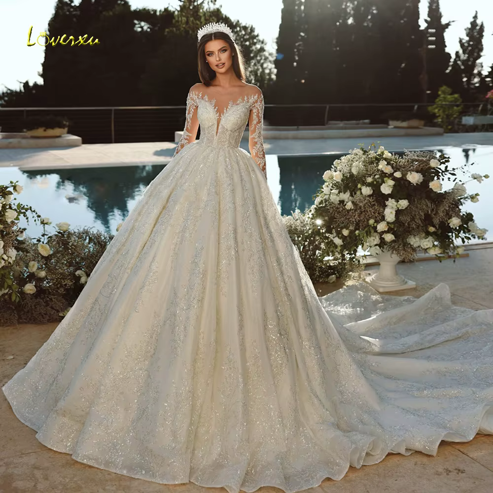 Loverxu-Robes de mariée A-ligne élégantes, robe de princesse brodée en dentelle, robe de patients su