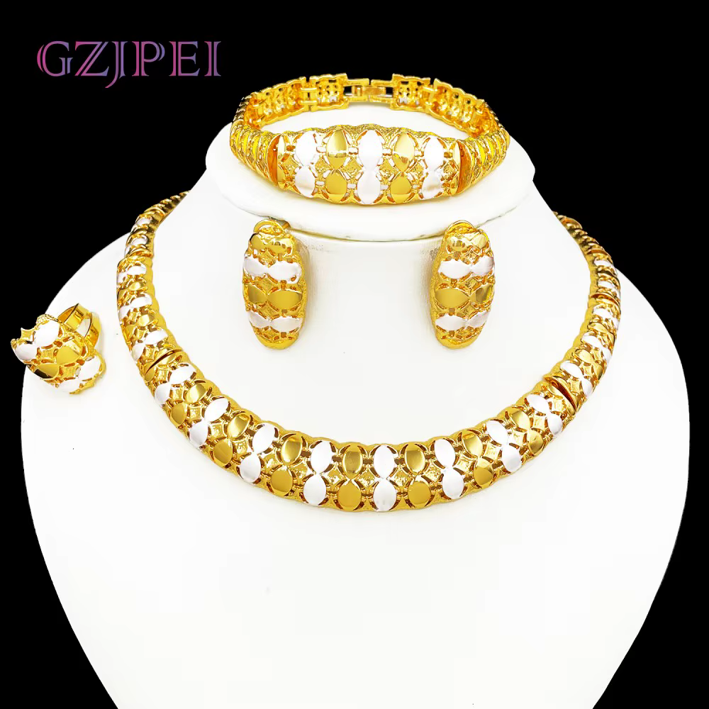 GZJPEI haute qualité grand ensemble de bijoux plaqué or 18 carats deux tons collier Bracelet ensembl