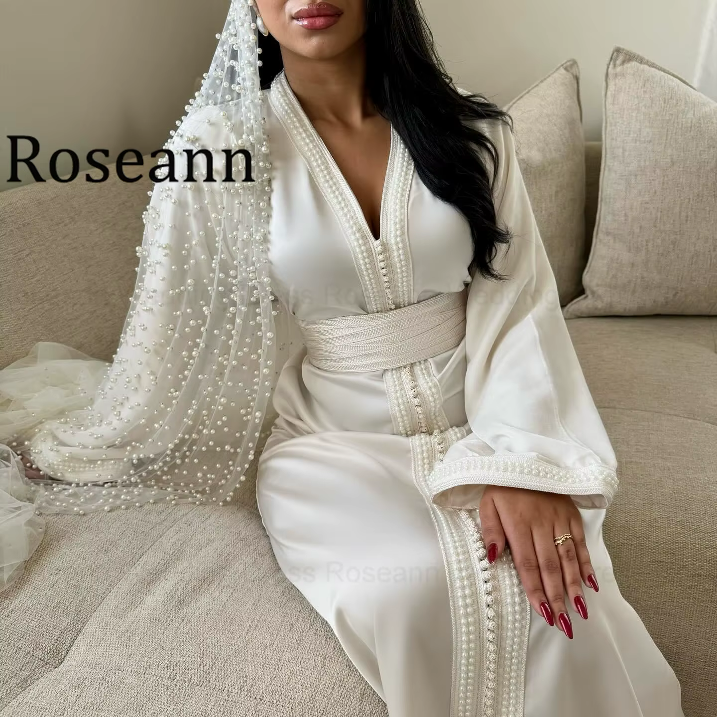 Robe de mariée bohème Roseann 2026 – Magnifique caftan à col en V pour femme avec ceinture – Robe de