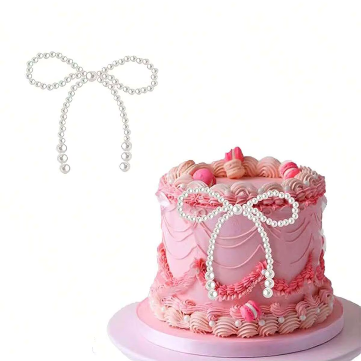 Décoration de gâteau avec nœud en perles blanches/rose, adaptée à une seule fête, anniversaire, bapt