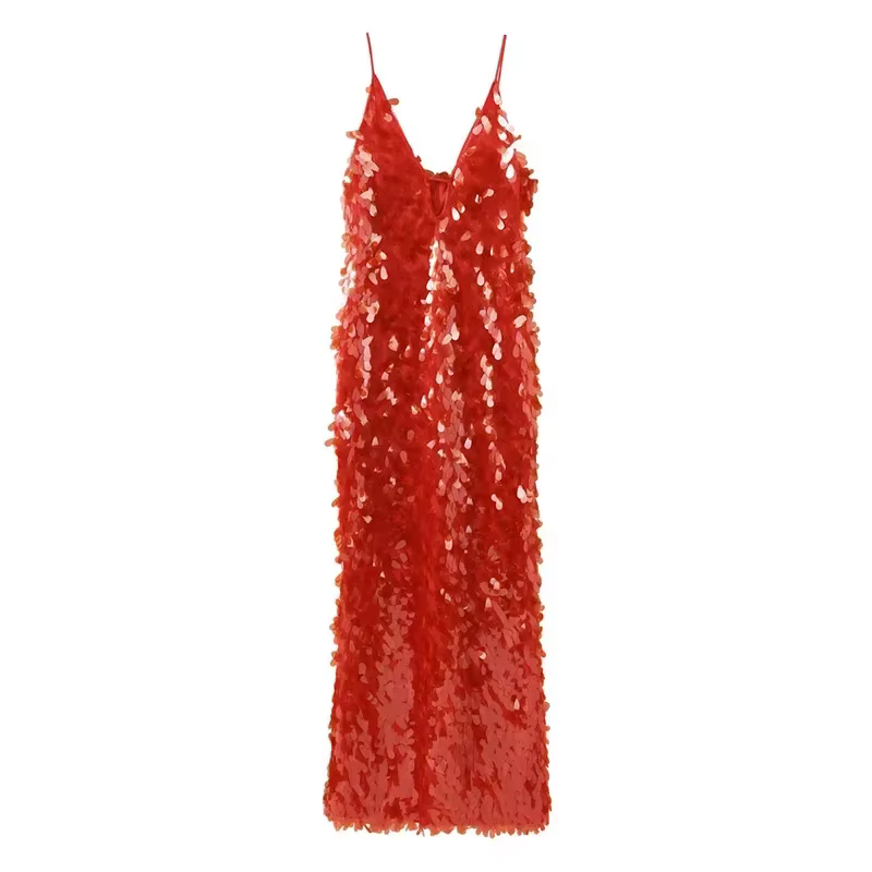 Sexy paillettes longue fronde robe de soirée femmes col en V sans manches rouge Maxi mince Robes fem