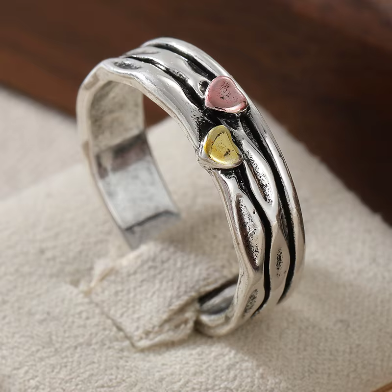 Bague pour femme en forme de cœur sculptée à la main, vintage, trois couleurs, géométrie métallique,