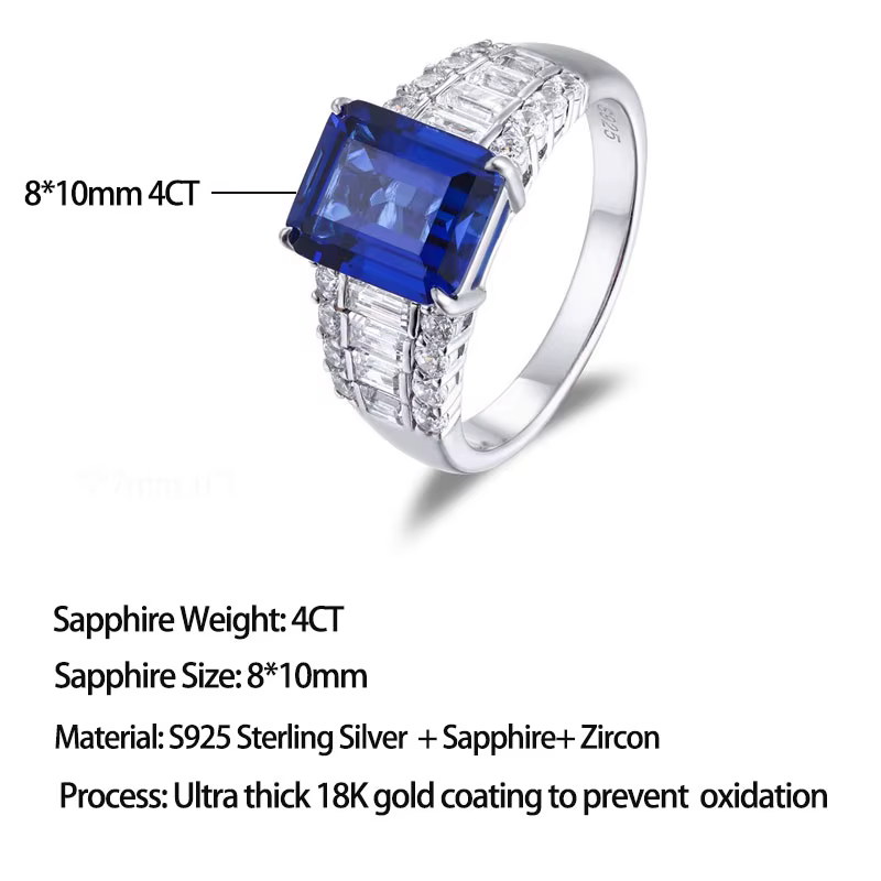 Bague de fiançailles statement LinkerLove en argent S925 avec saphir taille émeraude 4 carats et acc
