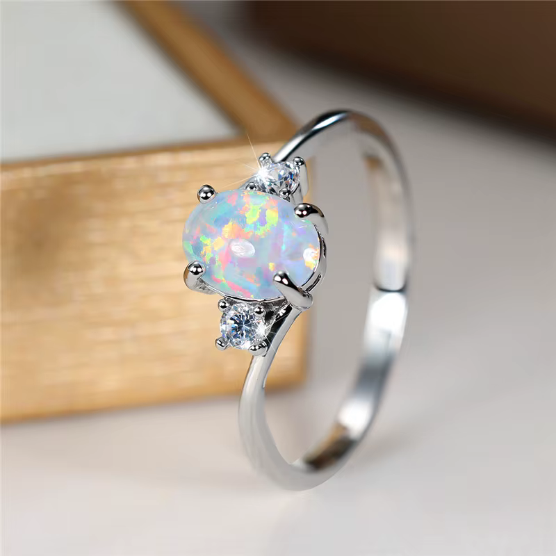 Bague ovale en pierre opale de feu vert pour femme, bijoux de fiançailles et de mariage, couleur arg