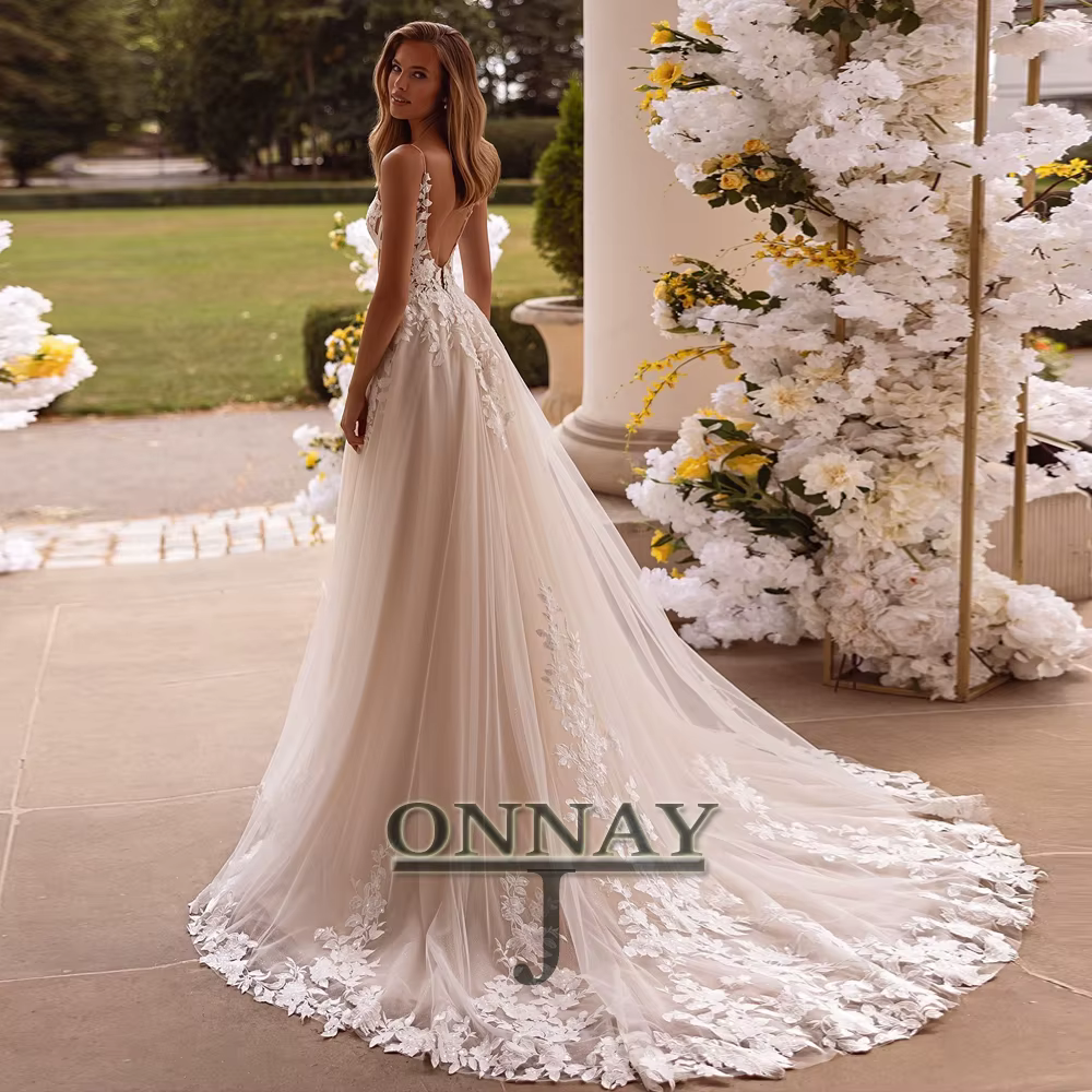Robes De mariée bohème personnalisées en Tulle pour femmes, avec des Appliques en dentelle, col en V